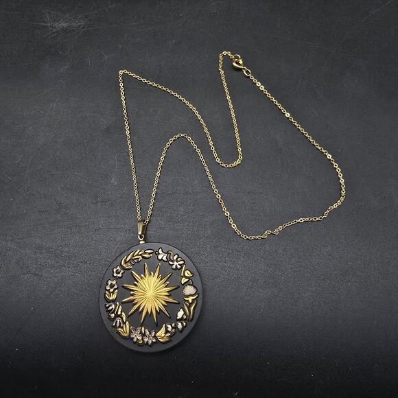 Franklin Mint Midnight Sun Pendant Necklace Damascene Black Sun - Picture 3 of 7